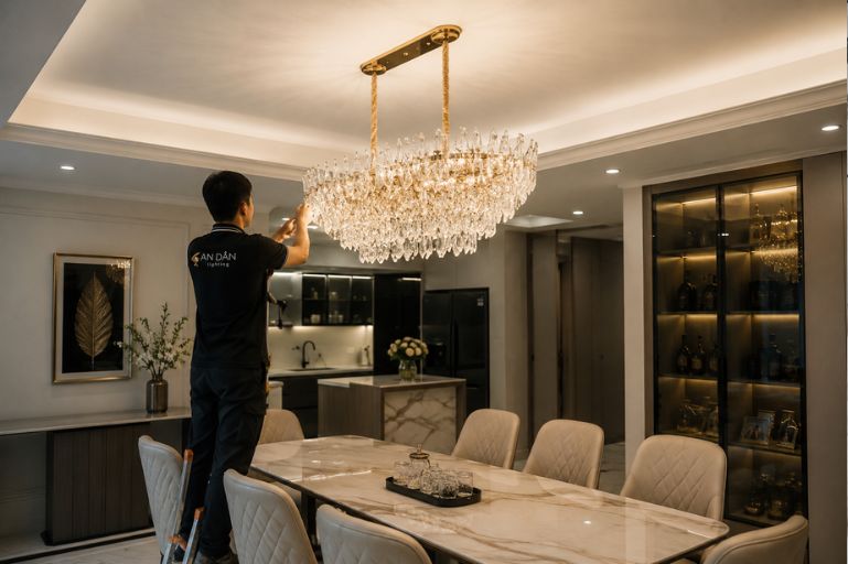 Lắp đèn chùm pha lê bàn ăn có cần chuẩn bị gì từ giai đoạn thô