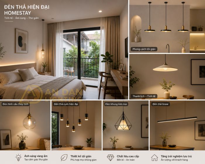 Lựa chọn đèn thả trong thiết kế Homestay hiện đại đẹp