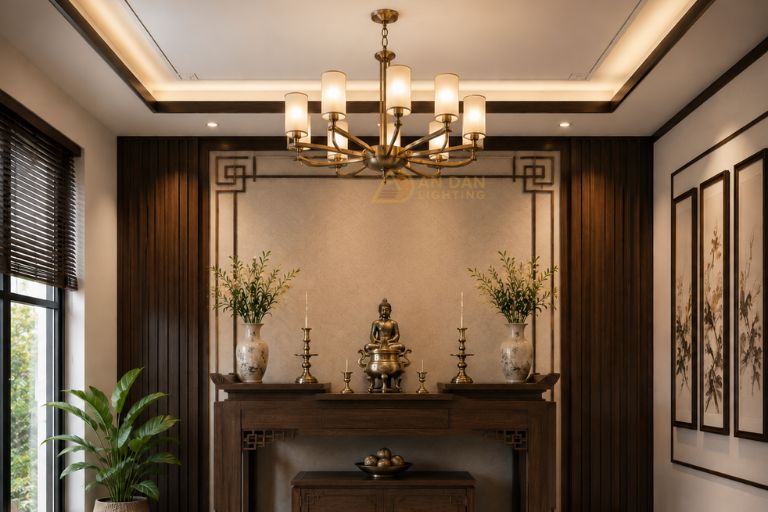 Đèn chùm đồng có ý nghĩa gì về phong thủy trong phòng thờ