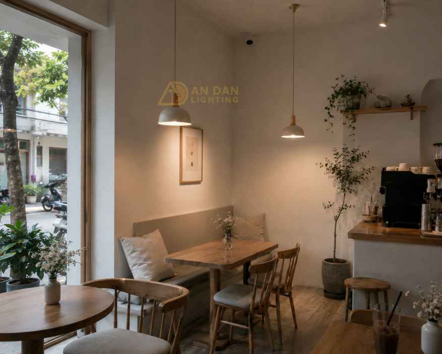 Quán cafe nhỏ lắp đèn thả