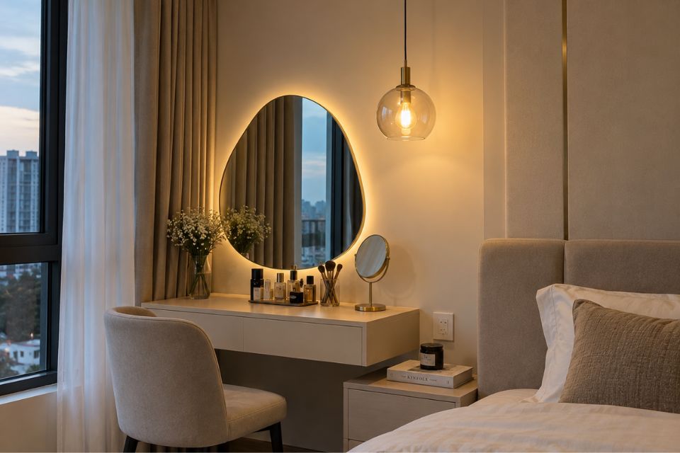 Đèn thả phòng ngủ gần bàn trang điểm