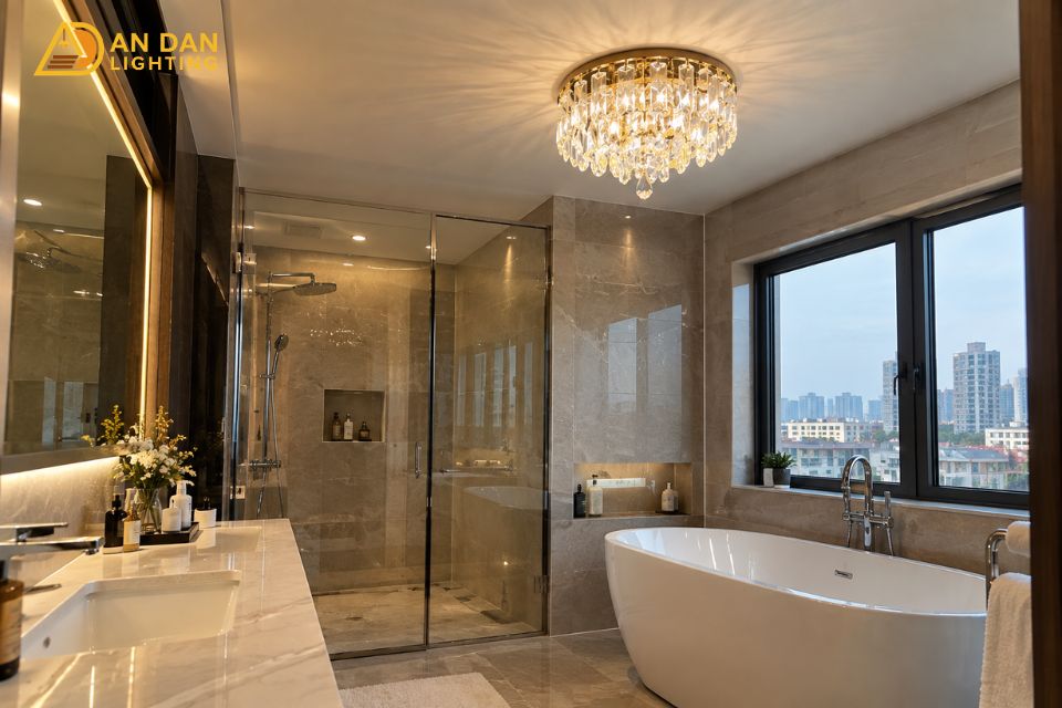 đèn chùm pha lê trang trí phòng tắm