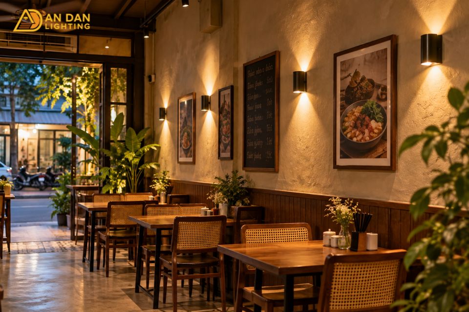 Trang trí quán ăn nhỏ bằng đèn tường